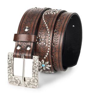 Women Western-belts Rhinestone-cowboy-cowgirl Embossed Floral Pu Leather😄